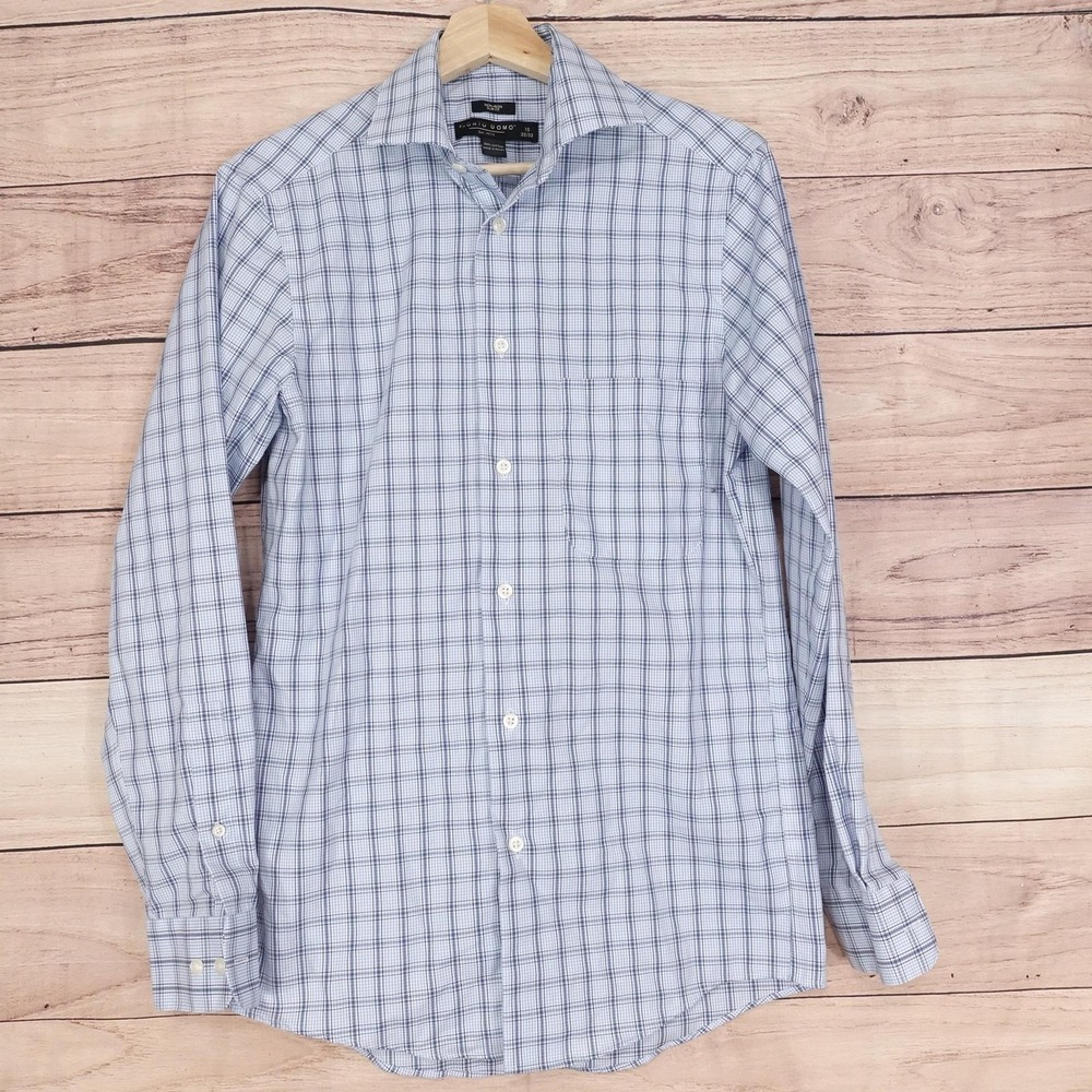 Pronto Uomo Shirt Mens 15 32/33 Blue White Check Non-Iron Slim Fit Button Down